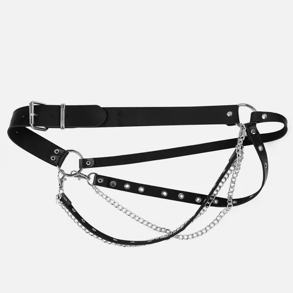 Plus Size☆ Edgy Punk Goth Black Multi-layer Chain And Stud Vegan Leather Belt - Picture 12 of 16